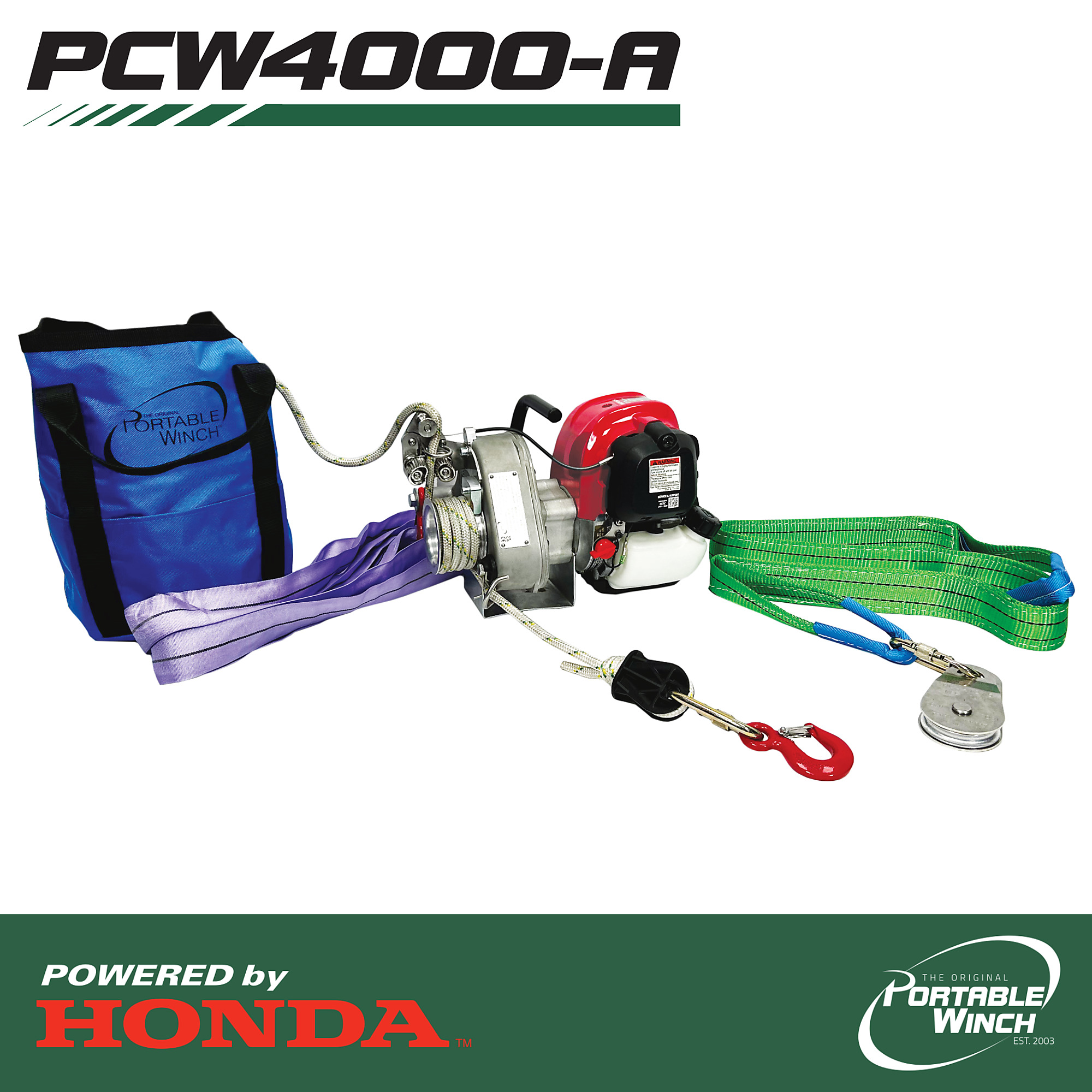 Portable Winch, PCW4000 Gas-Powered Portable Winch w/ Essential Accessories, Capacity (Line Pull) 2200 lb, Model# PCW4000-A